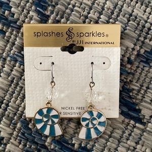 Splashes & Sparkles Seashell drop dangle earrings - enamel teal and white